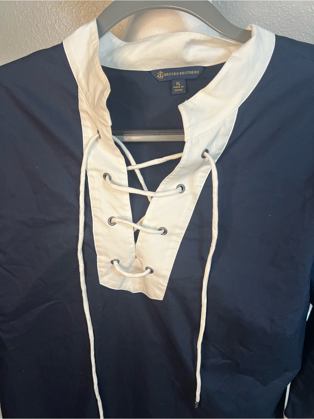 Brooks Brothers 3/4 Sleeve Tops Extra Large Tie Front Blue And White lace up - Picture 8 of 14